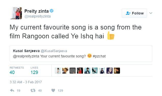 রেঙ্গুন-এর ইয়ে ইশক হ্যায় গানটি তাঁর খুব ভালো লেগেছে বলেও জানিয়েছেন প্রীতি।