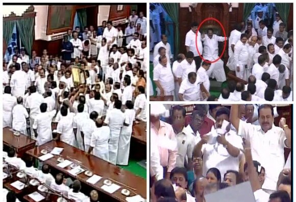 Chaos In Tn Assembly Chairs Thrown Mics Pulled Off During Trust Vote শশীকলা ঘনিষ্ঠর হাতেই তামিলনাড়ুর কুর্সি, আস্থাভোটে জিতলেন পালানিস্বামী