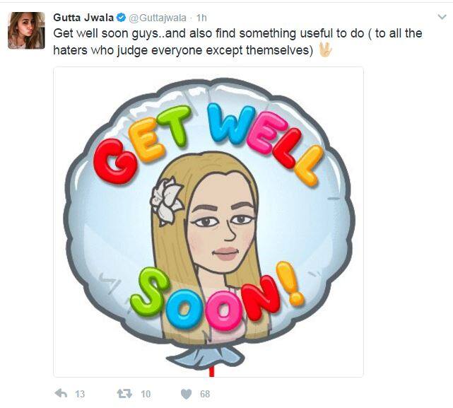 সবশেষে যাঁরা বিদ্বেষ ছড়াচ্ছেন তাঁদের দ্রুত আরোগ্য কামনা করেছেন জ্বালা।এভাবে গুরমেহরকে বিদ্রুপকারীদের কটাক্ষ করলেন জ্বালা।