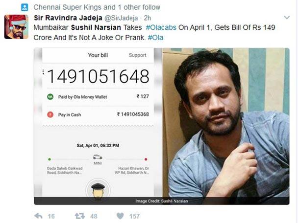 মুম্বইয়ের বাসিন্দা ৩০০ মিটার যাওয়ার জন্যে ওলা ভাড়া নিয়েছিলেন, বিল হল ১৪৯ কোটি Man Takes Ola Cab Gets Bill Of Rs 149 Crore মুম্বইয়ের বাসিন্দা ৩০০ মিটার যাওয়ার জন্যে ওলা ভাড়া নিয়েছিলেন, বিল হল ১৪৯ কোটি