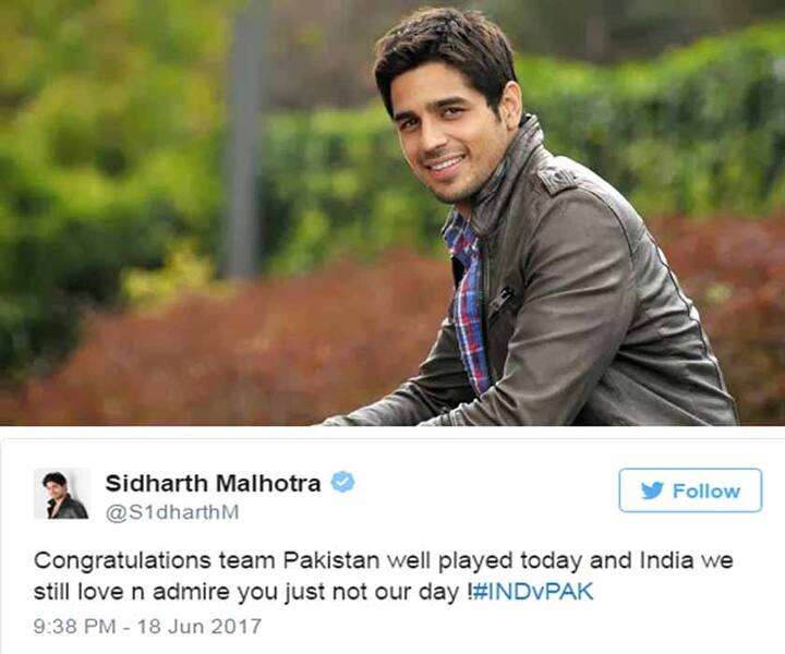 সিদ্ধার্থ মালহোত্রা পাক দলকে অভিনন্দন জানিয়েছেন। তিনি বলেছেন, দিনটা টিম ইন্ডিয়ার ছিল না। টিম ইন্ডিয়াকে আমরা ভালোবাসি। 