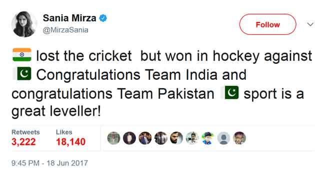 তিনি লিখেছেন, ক্রিকেটে ভারত হেরেছে। কিন্তু হকিতে পাকিস্তানের বিরুদ্ধে আমরা জিতেছি। এজন্য ভারতীয় দলকে অভিনন্দন।উল্লেখ্য, ওয়ার্ল্ড হকি লিগের সেমিফাইনালে পাকিস্তানকে ৭-১ গোলে হারিয়ে দিয়েছে ভারত।সেই সঙ্গে চ্যাম্পিয়ন্স ট্রফি জয়ের জন্য পাক দলকেও অভিনন্দন জানিয়েছেন তিনি। সানিয়া বলেছেন, খেলা সব কিছু মিলিয়ে দেয়। 