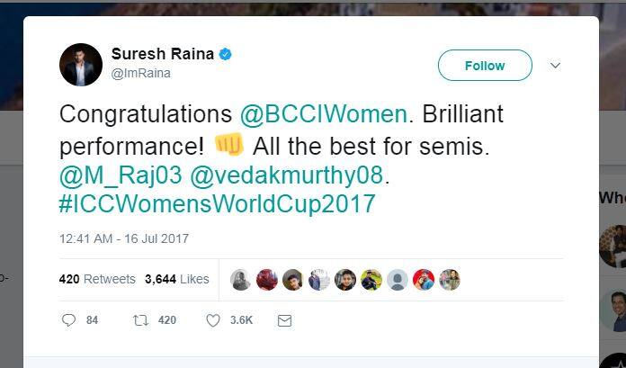 সুরেশ রায়না ট্যুইট করে সেমি-ফাইনালের জন্য শুভেচ্ছা জানিয়েছেন