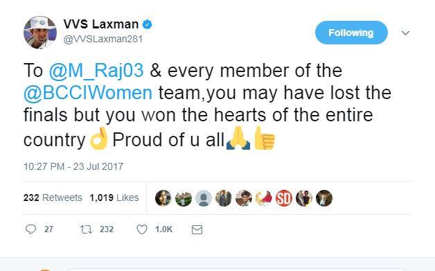 প্রাক্তন স্টাইলিশ ব্যাটসম্যান ভিভিএস লক্ষ্মণের ট্যুইট, অধিনায়ক মিতালি রাজ ও দল ম্যাচ হারলেও সমগ্র দেশেরই মন জিতে নিয়েছে।