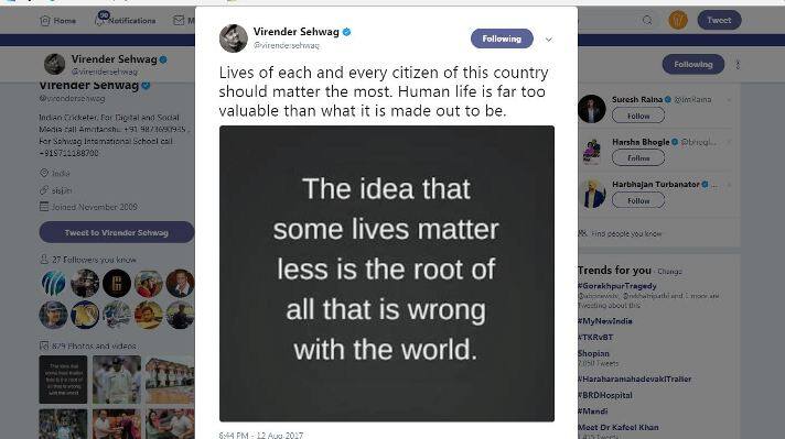 সমালোচনার মুখে পড়ে সহবাগ পরে অন্য একটি ট্যুইটে লিখেছেন, এ দেশের প্রত্যের জীবন গুরুত্বপূর্ণ। যতটা মনে করা হয়, তার চেয়েও অনেক বেশি মানুষের জীবনের মূল্য। 