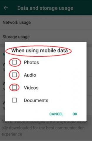 Media auto-download বাছাইয়ের পর দেখা যাবে When using mobile data দেখতে পাওয়া যাবে। এখানে ক্লিক করে গ্রাহক ছবি ও ভিডিও-র নিজে থেকেই ডাউনলোড হওয়া বন্ধ করা যাবে। গ্রাহককে শুধুমাত্র ছবি ও ভিডিও-র পাশে থাকা বক্সে টিক চিহ্ন সরিয়ে দিতে হবে। 