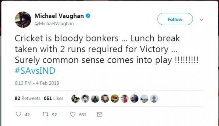 ইংল্যান্ডের প্রাক্তন অধিনায়ক মাইকেল ভন বলেন, যখন জয়ের জন্য ২ রান বাকি, তখন মধ্যাহ্নভোজনের বিরতি নেন আম্পায়াররা। ন্যূনতম কমন সেন্স থাকা প্রয়োজন।