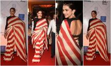 দেখুন লাল সাদা শাড়িতে দীপিকাকে