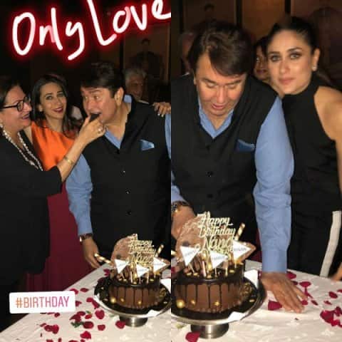 রণধীরকে কেক খাওয়াচ্ছেন ববিতা, তাঁর প্রাক্তন স্ত্রী। বাবার পাশে করিনা।