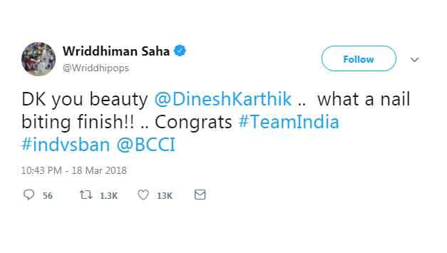 ঋদ্ধিমান সাহার ট্যুইট- তুমি অসাধারণ, কী রোমাঞ্চকর ফিনিস!ভারতীয় দলকে অভিনন্দন।
