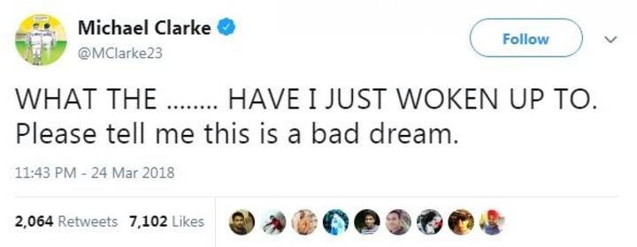 পুরো ঘটনায় স্তম্ভিত অস্ট্রেলিয়ার প্রাক্তন অধিনায়ক মাইকেল ক্লার্ক। তিনি লিখেছেন, এটা তাঁর কাছে একটা দুঃস্বপ্নের মতো। 