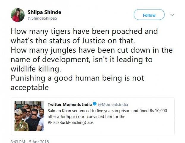বিগ বসে সলমনের পছন্দের প্রতিযোগী শিল্পা শিন্দে লিখেছেন, কত বাঘ মারে চোরাশিকারীরা, সে সব মামলায় বিচার হয় না কেন। এত যে জঙ্গল কাটা হচ্ছে, এর ফলে বন্য প্রাণ শেষ হয়ে যাচ্ছে না! একজন ভাল মানুষের এমন সাজা মানা যায় না। 