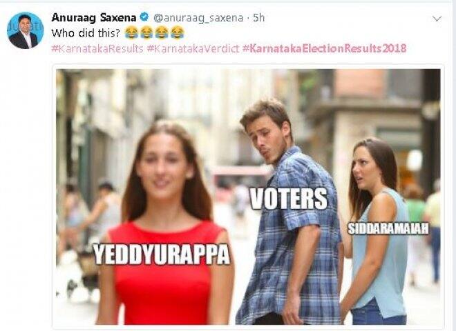 বিজেপির মুখ্যমন্ত্রী পদপ্রার্থী ইয়েদুরাপ্পার জয় এবং কংগ্রেসের মুখ্যমন্ত্রী পদপ্রার্থী সিদ্দারামাইয়ার হার নিয়েও সোশ্যাল মিডিয়ায় এভাবে মজা করা হচ্ছে। ছবি টুইটার।