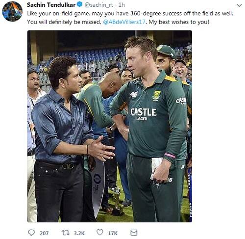 কিংবদন্তী সচিন তেন্ডুলকর ট্যুইট করে জানিয়েছেন, তিনি ডিভিলিয়ার্সকে মিস করবেন। একইসঙ্গে ভবিষ্যতের জন্য এই তারকাকে শুভেচ্ছাও জানিয়েছেন তিনি