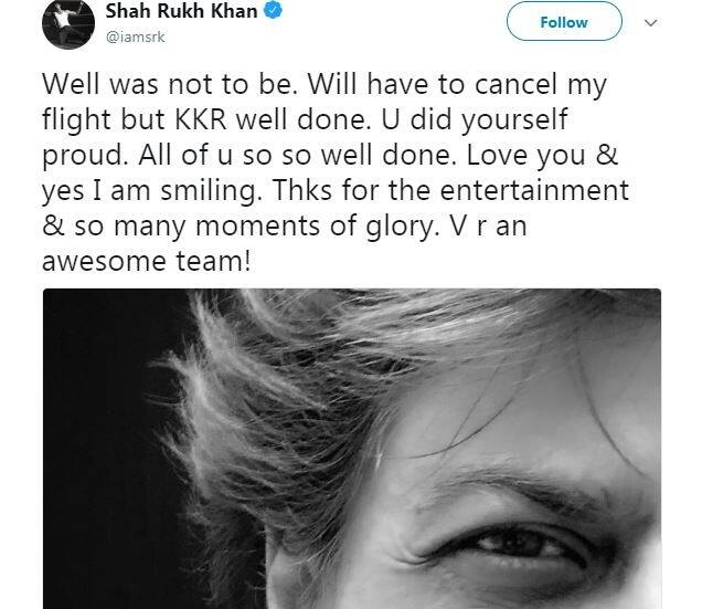 ট্যুইটারে তাঁর আবেগাপ্লুত বার্তা- হয়েও হল না। আমাকে ফ্লাইটের টিকিট বাতিল করতে হবে। কিন্তু অসাধারণ খেলেছে কেকেআর। তোমাদের নিজেদের জন্য গর্বিত হওয়া উচিত। তোমরা সবাই দুরন্ত খেলেছ। তোমাদের সবাইকে আমার আন্তরিক ভালোবাসা জানাই। আমি কিন্তু হাসছি। আমাদের সবাইকে দুর্দান্ত বিনোদন দেওয়া এবং কিছু স্মরণীয় মুহূর্ত উপহার দেওয়ার জন্য ধন্যবাদ। আমরা খুব ভালো একটা দল। 