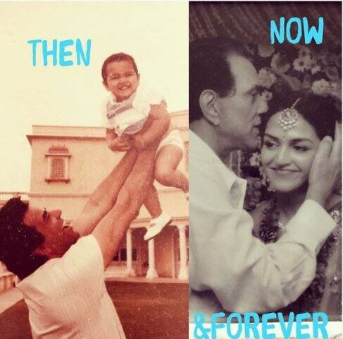 এষা দেওল ধর্মেন্দ্রর সঙ্গে। শৈশবে, এখন। 