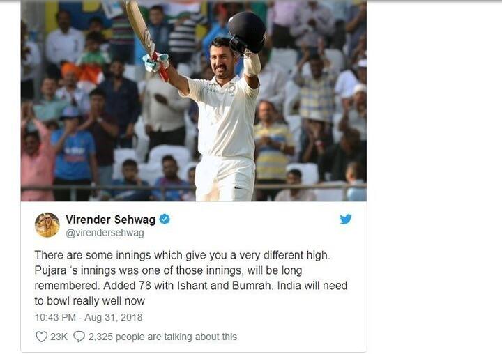 পূজারার ইনিংস দেখে খুশি বীরেন্দ্র সহবাগ। তিনি লিখেছেন, কিছু কিছু ইনিংস অন্যরকম তৃপ্তি দেয়। পূজারার ইনিংসটা এরকমই, দীর্ঘদিন মনের মণিকোঠায় অমলিন হয়ে থাকবে। 