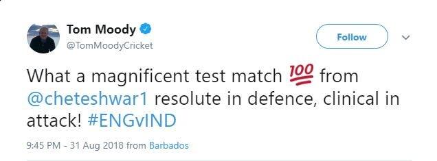 টম মুডি লিখেছেন, দুরন্ত টেস্ট ম্যাচ। লড়াকু সেঞ্চুরি পূজারার। 