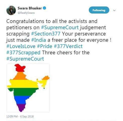 দেশের মানচিত্র রামধনু রঙে রাঙিয়ে এই রায়কে স্বাগত জানিয়েছেন স্বরা ভাস্কর।