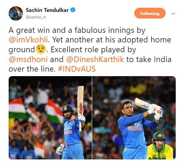 সচিনের ট্যুইট, অসাধারণ ইনিংস বিরাটে। ধোনি নিজের ভূমিকা দুর্দান্তভাবে পালন করে ভারতকে জয় এনে দিল। 