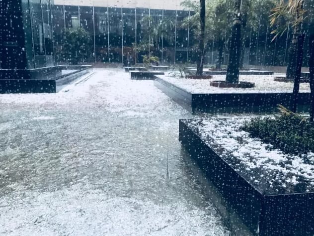 নয়ডায় শিলাবৃষ্টির জেরে রাস্তা সাদা হয়ে যাওয়ায় সোশ্যাল মিডিয়ায় সাড়া পড়ে যায়। অনেকেই ভেবে বসেন, বরফ পড়েছে। ছবি সৌজন্যে আশিস সিনহা