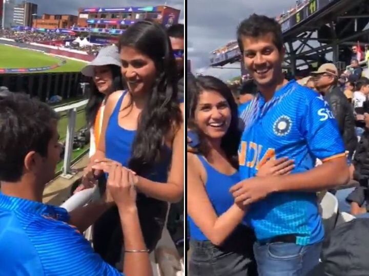 World Cup 2019, Indian fan proposes to girlfriend during India-Pak clash at Old Trafford, WATCH দেখুন, ওল্ড ট্র্যাফোর্ডে ভারত-পাক ম্যাচ চলাকালীন বান্ধবীকে বিয়ের প্রস্তাব দর্শকের