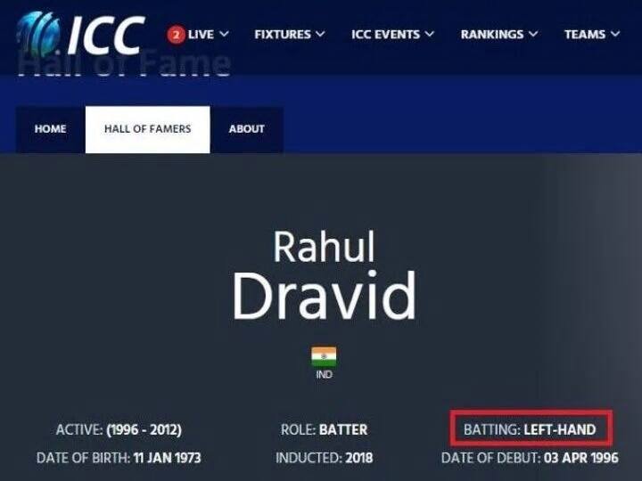 Major Blunder: ICC Mentions Rahul Dravid As Left-Hand Batsman; Twitter Loses Cool রাহুল দ্রাবিড় বাঁহাতি ব্যাটসম্যান! উল্লেখ আইসিসি-র ওয়েবসাইটে, সোশ্যাল মিডিয়ায় তীব্র সমালোচনা
