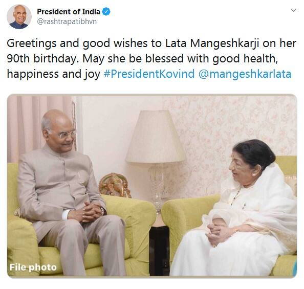 ট্যুইট করে লতাকে জন্মদিনের শুভেচ্ছা জানিয়েছেন রাষ্ট্রপতি রামনাথ কোবিন্দ
