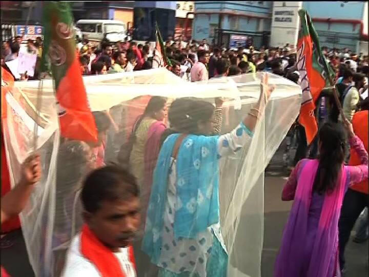 দেখুন, মশারি নিয়ে প্রতিবাদে বিজেপি সমর্থকরা।