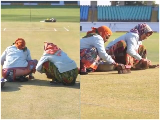 Fans Slam BCCI After Women Manually Clean Rajkot Pitch মহিলাদের দিয়ে রাজকোটের পিচ সাফ , ভিডিও নিয়ে বিসিসিআই, সৌরভকে নিশানা অনুরাগীদের