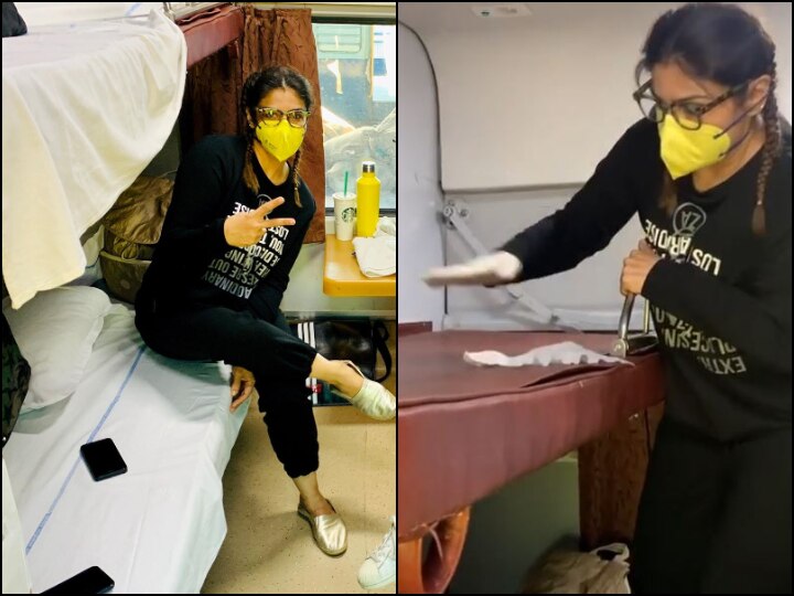 Coronavirus: Raveena Tandon Cleans Train Cabin, Says 'Better To Be Safe Than Sorry' করোনা রুখতে ট্রেনের সিট পরিষ্কারে হাত লাগালেন রবীনা ট্যান্ডন
