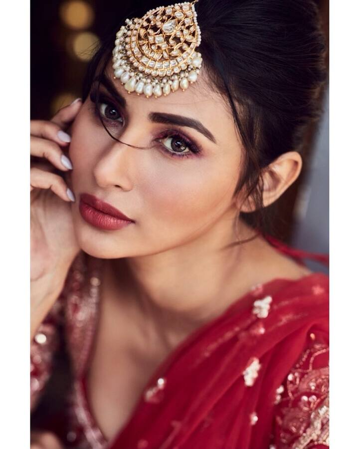 লাল পোশাকে ভারী গয়নায় আলাদা দেখাচ্ছে মৌনীকে।