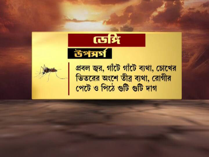 প্রবল জ্বর।  সঙ্গে গাঁটে গাঁটে ব্যথা।  চোখের ভিতরের অংশে তীব্র ব্যথা।  রোগীর পেটে ও পিঠে গুটি গুটি দাগ দেখা দিতে পারে।
