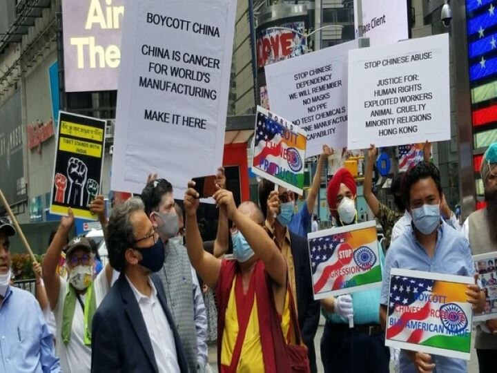 Boycott China: Indian Americans, Taiwanese, Tibetans protest at Times Square নিউইয়র্কের টাইমস স্ক্যোয়ারে চিন-বিরোধী বিক্ষোভ, চিনা পণ্য বয়কটের দাবি