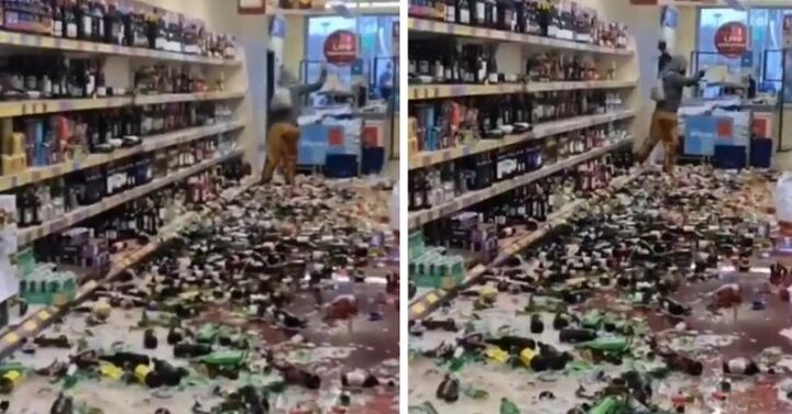 UK Woman Destroys 500 Liquor Bottles In Supermarket, Smashes Them On The Ground One By One শপিং মলে ঢুকে ৫০০ মদের বোতল আছড়ে ভাঙলেন এই মহিলা, ধরা পড়ল ক্যামেরায়