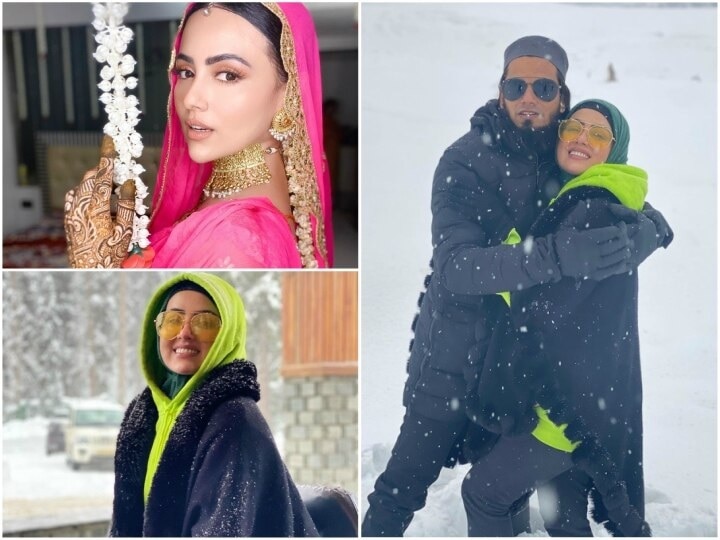 Sana Khan Videos Actress sana khan takes bike ride with mufti anas on snow in gulmarg honeymoon watch Viral Video মধুচন্দ্রিমায় গুলমার্গে সানা খান, বরফের মাঝে স্বামীর সঙ্গে হুটোপাটি