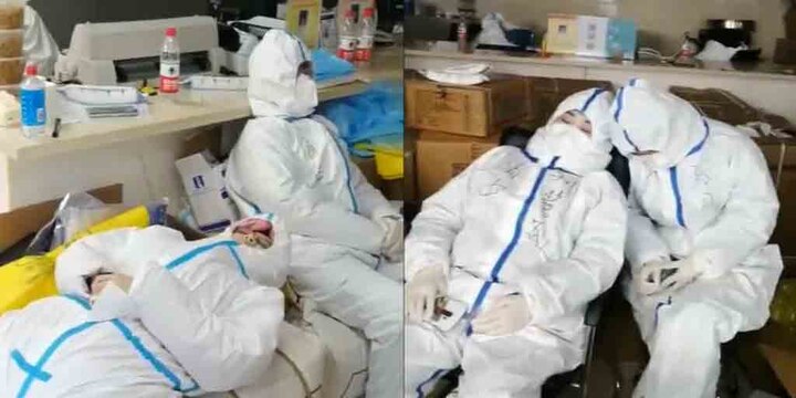 China on Coronavirus: Tired health workers sleeping on chairs, parcel packets, upset over new fight with corona China on Coronavirus: চেয়ার,পার্সেলের প্যাকেটের উপরই ঘুমোচ্ছেন ক্লান্ত স্বাস্থ্যকর্মীরা, করোনার সঙ্গে নতুন লড়াইয়ে বিপর্যস্ত চিন