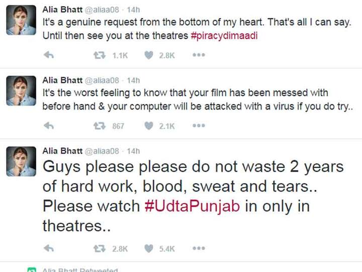 आलीया भट्टने तर प्रेक्षकांना कळकळीची विनंती केली आहे. उडता पंजाब सिनेमासाठी गेल्या दोन वर्षांपासून कठीण परिश्रम घेतले आहेत. दोन वर्षांची कठीण मेहनत, रक्त आणि आमचे गेलेले अश्रू व्यर्थ जाऊ देऊ नका, सर्वांनी कृपया थिएटरमध्ये जाऊन हा सिनेमा पाहा, अशी विनंती आलिया भट्टने केली आहे. 