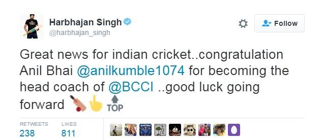 भज्जीनं देखील कुंबळेला कोच झाल्याबद्दल शुभेच्छा दिल्या आहेत.