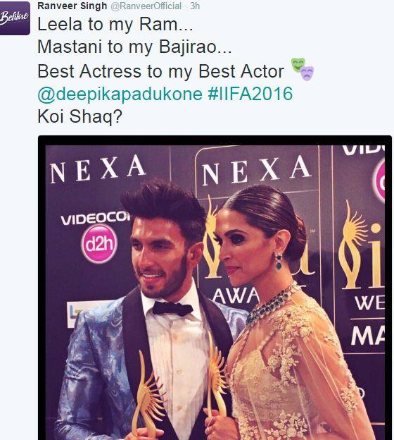 माझ्या खास मैत्रिणीला आजही सर्वोत्कृष्ट अभिनेत्रीचा पुरस्कार मिळाला, काही शंका आहे का, अशा शब्दात रणवीरने प्रतिक्रिया व्यक्त केली आहे. 