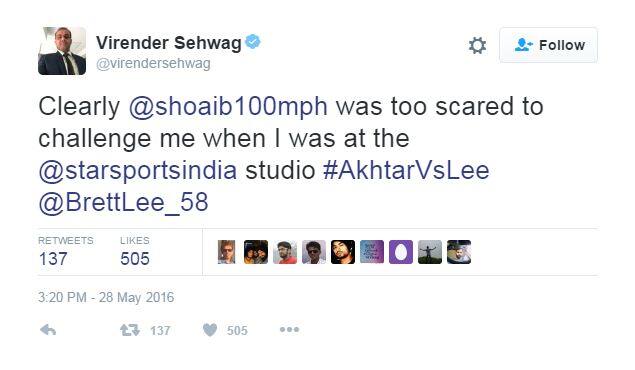 सहवाग इथेच थांबला नाही. तर त्याने पुढेही ट्वीट केलं. की, 'शोएब मला तेव्हाही चॅलेंज करायला घाबरायचा जेव्हा मी स्टार स्पोर्टस इंडियाच्या स्टुडिओमध्ये ब्रेट ली सोबत होतो. 