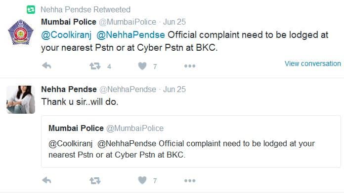 मुंबई पोलिसांच्या ट्विटर अकाऊण्टवरुनही या प्रकरणाची तात्काळ दखल घेण्यात आली. पोलिसांनी नेहाला सायबर पोलिसात तक्रार नोंदवण्यास सांगितलं. 