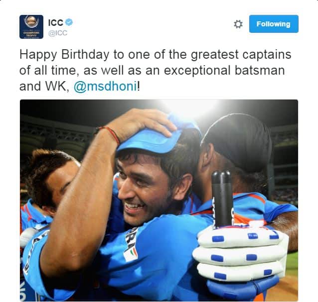 आयसीसीनेही धोनीला वाढदिवसाच्या शुभेच्छा दिल्या आहेत. आयसीसीच्या अधिकृत ट्विटर हॅण्डलवरून शुभेच्छा दिल्या आहेत. ''सर्वकाळातील महान कर्णधार, उत्तम फलंदाज, आणि उत्कृष्ट विकेटकीपर महेंद्र धोनीला वाढदिवसाच्या शुभेच्छा.''
