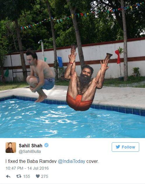 या फोटोच्या कॅप्शनमध्ये म्हटले आहे की, रामदेव बाबांच्या इंडिया टुडे मॅगेझीनवर प्रकाशित करण्यात आलेल्या या फोटोला मी योग्य स्थान दिले.