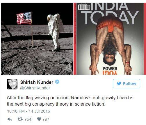 शिरीश कुंदरने आपल्या फोटो कॅप्शनमध्ये म्हटले आहे की, अमेरिकेने चंद्रावर झेंडा फडकवला, या घटनेकडे सर्वजणच संशयाच्या नजरेतून पाहात होते. तशाच प्रकारात रामदेवबाबांची दाढीही गुरुत्वाकर्षणाच्या नियमाला चुकीचं ठरवत आहे. रामदेवबाबांचा या फोटोतून स्पष्ट दिसते.
