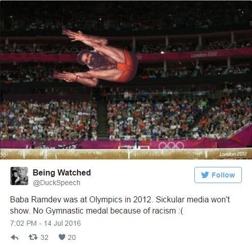 या फोटोमध्ये लिहले आहे की, रामदेव बाबा २०१२च्या ऑलम्पिक स्पर्धेत सहभागी होण्यासाठी गेले होते. पण मीडियाने याची बातमी दिली नाही.