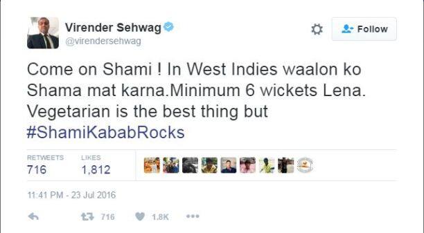 भारताच्या गोलंदाज मोहम्मद शमीने वेस्ट इंडिज विरुद्धच्या कसोटीत जबरदस्त गोलंदाजी केली. त्याची सुत्ती करताना सेहवागने अनोखं ट्वीट करुन शुभेच्छा दिल्या.