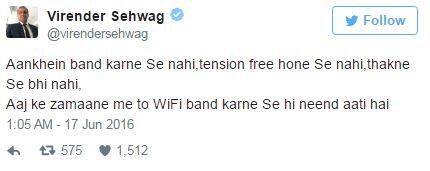 सेहवागच्या या ट्वीटवर एक नजर टाका, ‘आंखे बंद करने से नहीं, टेंशन फ्री होने से नहीं, थकने से भी नहीं, आज के ज़माने में तो WiFi बंद करने से ही नींद आती है' 
