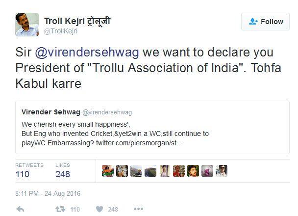 तर दुसरीकडे काही फेक यूजर्स ट्रॉलकेजरीसारखे अकाउंटवरून सेहवागला ट्रॉलू असोसिएशनचे अध्यक्ष जाहीर केले आहे.