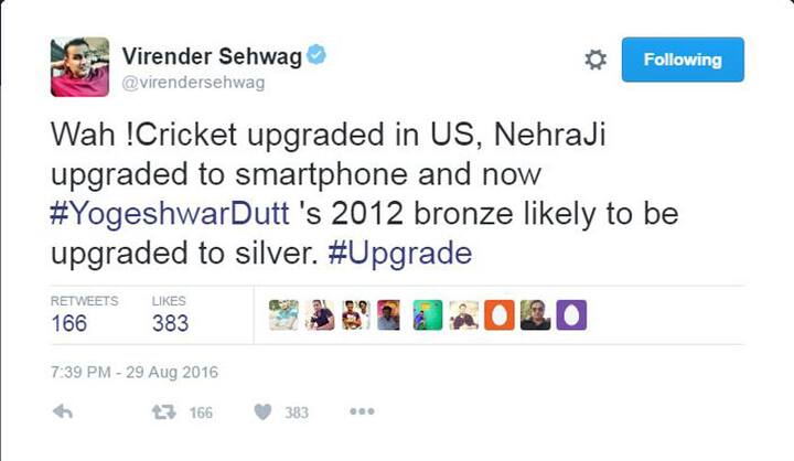 याच ट्वीटमध्ये त्यानं असं लिहलं आहे की, योगेश्वर दत्तचं पदकही बदलणार आहे. कांस्य पदक अपग्रेड होऊन ते रौप्य होणार आहे. योगेश्वर ट्वीट करताना सेहवागनं क्रिकेट आणि नेहरावरही टिप्पणी केली. पण सेहवागचा हाच अंदाज चाहत्यांना मात्र भलताच आवडतो आहे. 